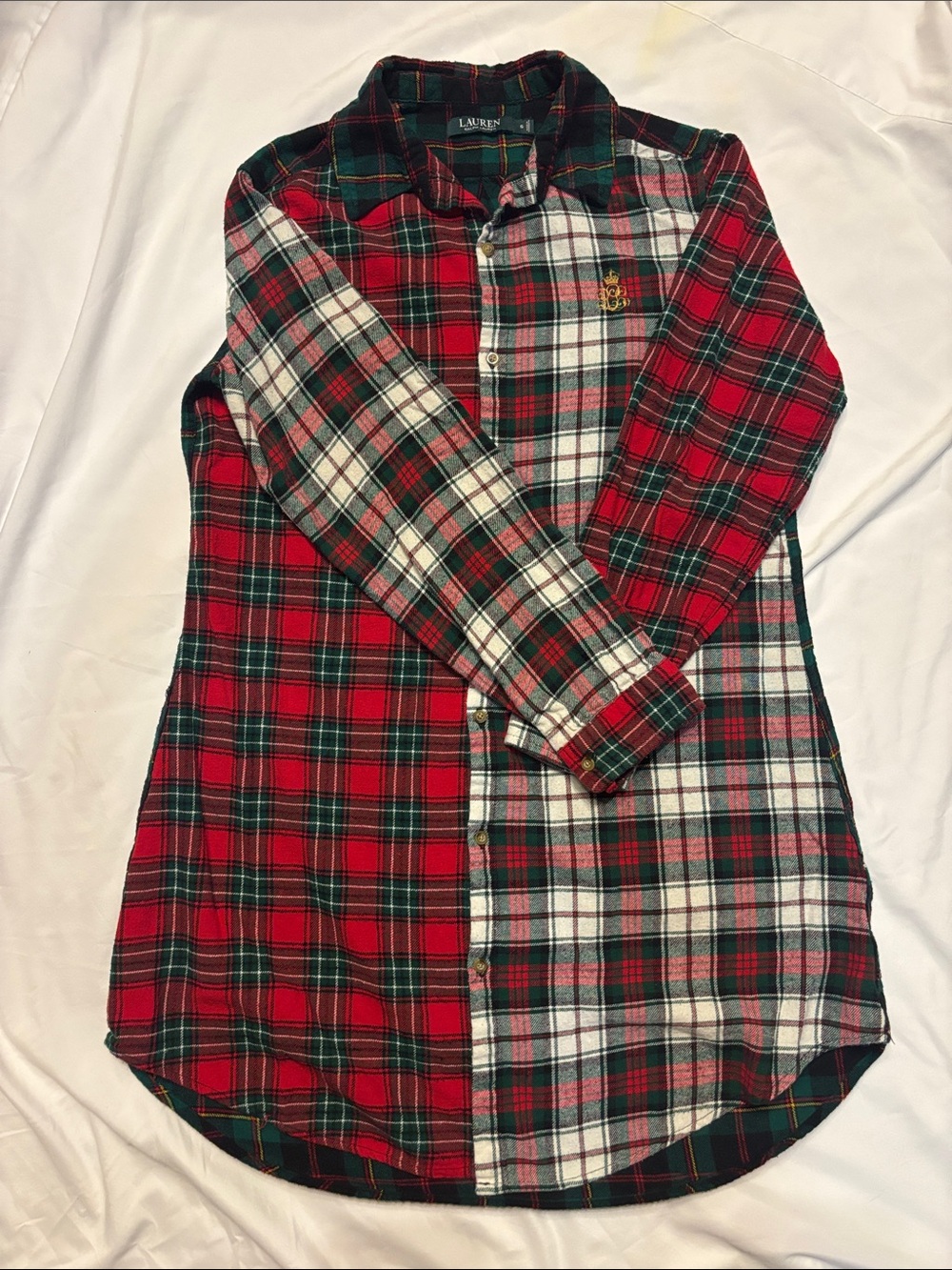 Lauren Ralph plaid flannel night gown button down pajama shirt size S